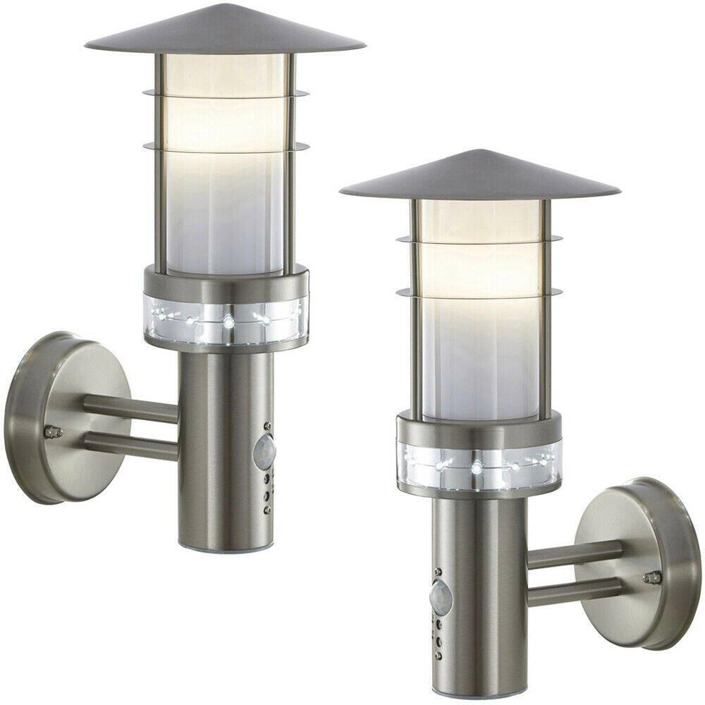 2 PACK IP44 Outdoor LED Light Brushed Steel PIR Wall Lantern Security Outdoor - image 1
