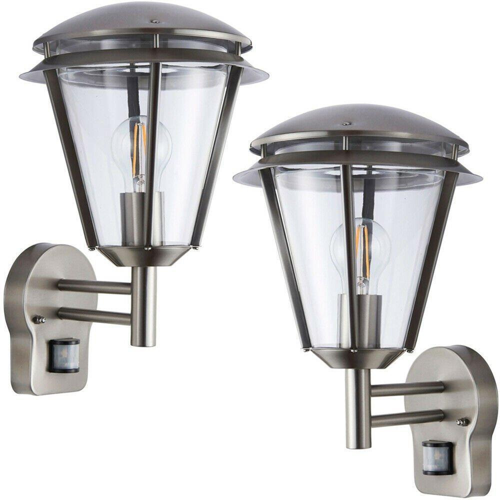2 PACK IP44 Outdoor Wall Lamp Brushed Steel Modern PIR Lantern Porch Curve Light - image 1