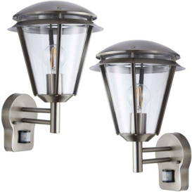 2 PACK IP44 Outdoor Wall Lamp Brushed Steel Modern PIR Lantern Porch Curve Light - thumbnail 1