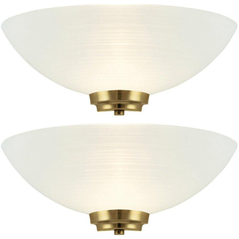 2 PACK Dimmable LED Wall Light Antique Brass White Pattern Glass Shade Dome Lamp - image 1