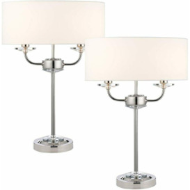 2 PACK Twin Light Table Lamp Bright Nickel & White Shade Crystal Trim Bedside