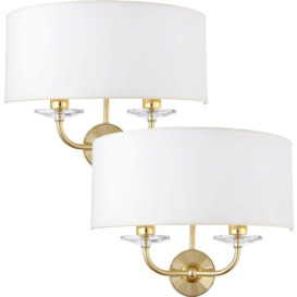 2 PACK Dimmable Twin Wall Light Brass Glass White Fabric Shade Curved Arm Lamp