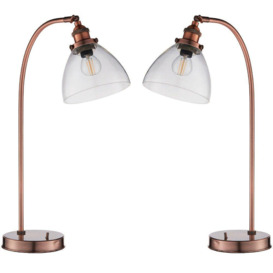 2 PACK Industrial Curved Table Lamp Tarnished Copper Glass Modern Bedside Light