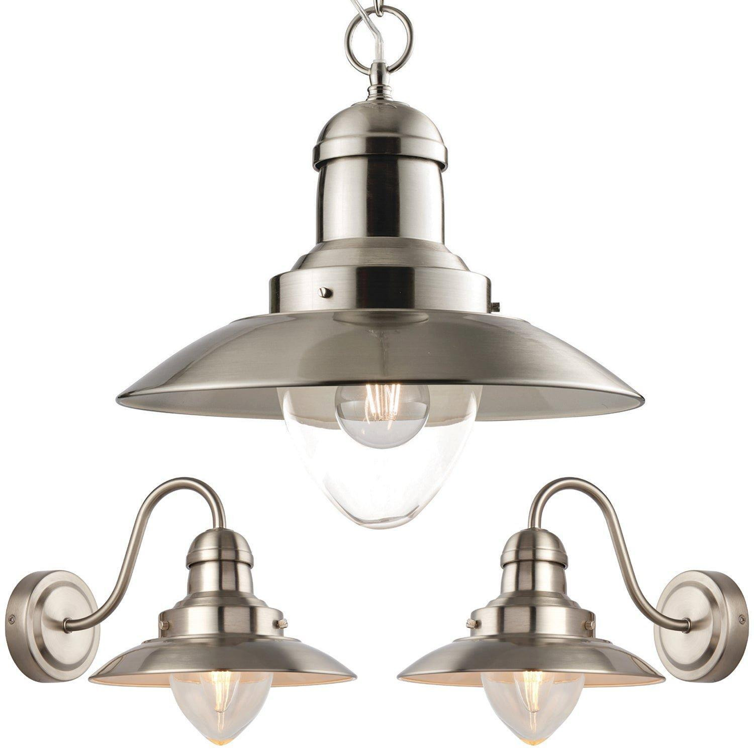 Hanging Ceiling Pendant Lamp & 2x Matching Wall Light Industrial Satin Nickel - image 1