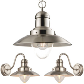 Hanging Ceiling Pendant Lamp & 2x Matching Wall Light Industrial Satin Nickel