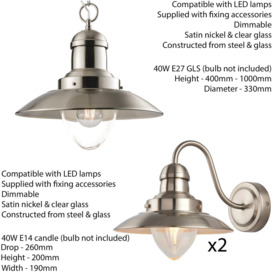 Hanging Ceiling Pendant Lamp & 2x Matching Wall Light Industrial Satin Nickel - thumbnail 2