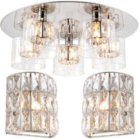 5 Bulb Ceiling Lamp & 2x Matching Flush Wall Light Round Chrome & Crystal Glass