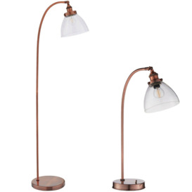 Standing Floor & Table Lamp Set Aged Copper Glass Shade Retro Industrial Light