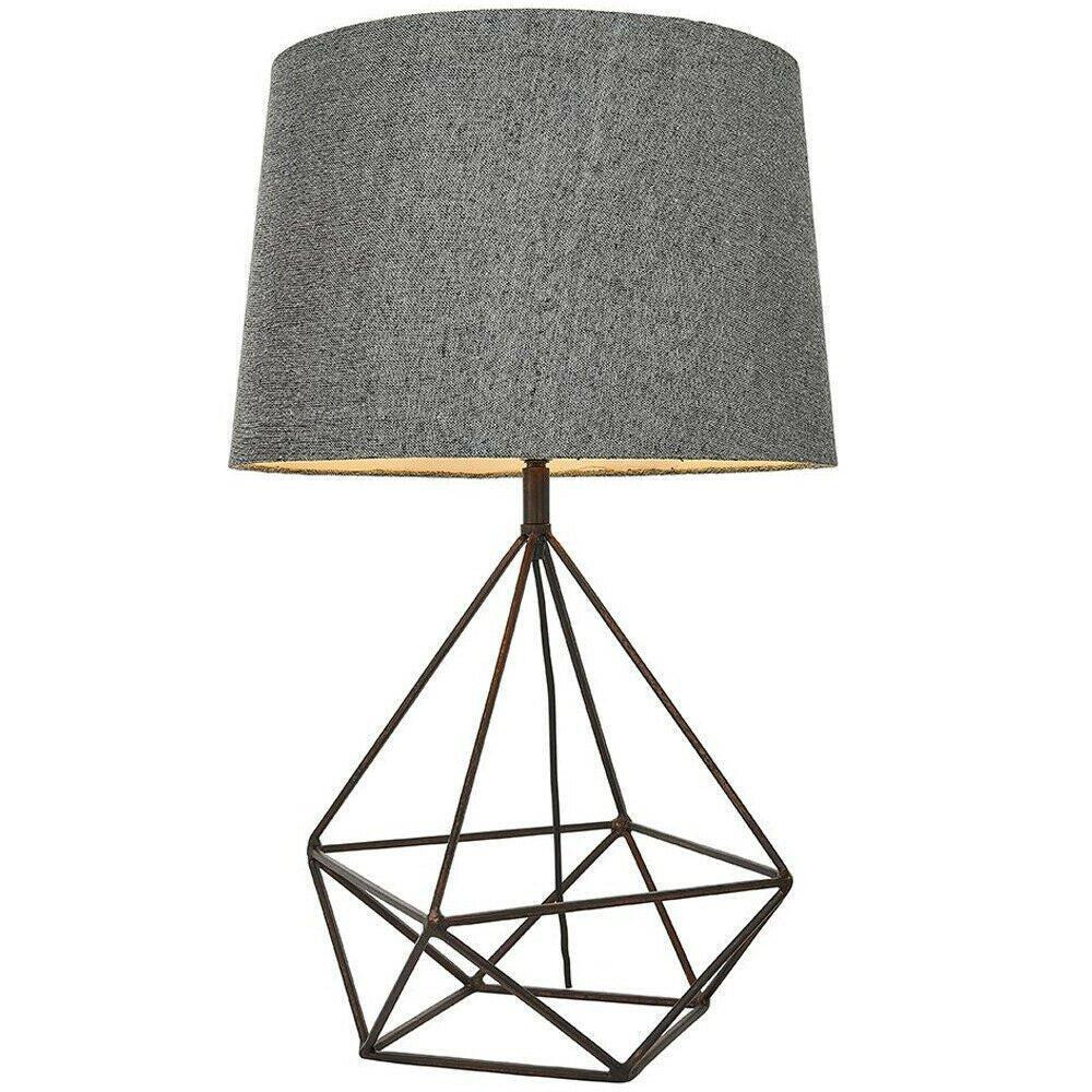 Geometric Frame Table Lamp Aged Copper & Grey Fabric Shade Bedside Feature Light - image 1