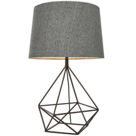 Geometric Frame Table Lamp Aged Copper & Grey Fabric Shade Bedside Feature Light - thumbnail 1