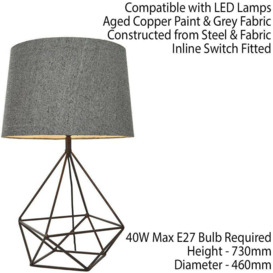 Geometric Frame Table Lamp Aged Copper & Grey Fabric Shade Bedside Feature Light - thumbnail 2