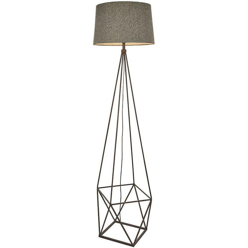 Geometric Cage Floor Lamp Aged Copper & Grey Fabric Shade 1750mm Tall Standing - image 1