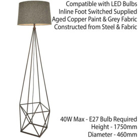 Geometric Cage Floor Lamp Aged Copper & Grey Fabric Shade 1750mm Tall Standing - thumbnail 2