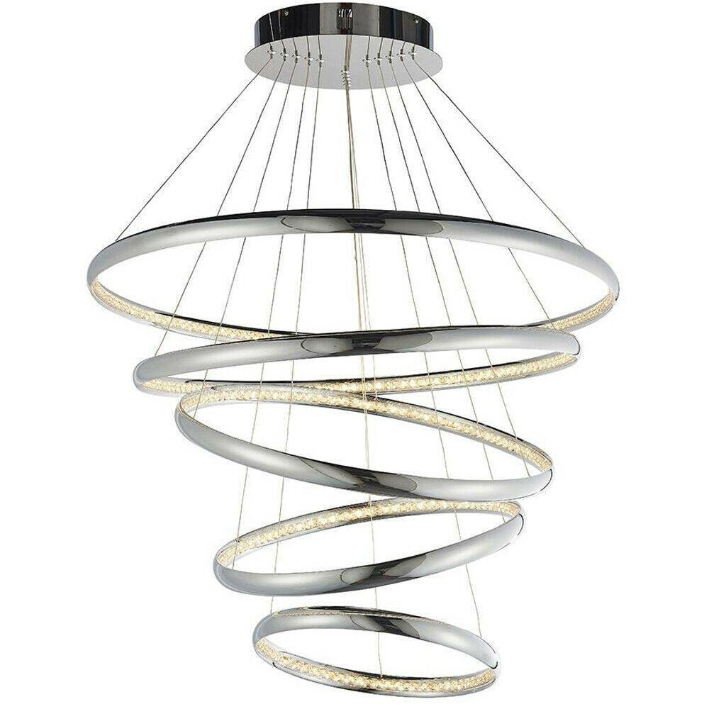 LED Ceiling Pendant Light 97W Warm White Chrome & Crystal 5 Ring/Hoop Strip Lamp - image 1