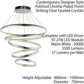 LED Ceiling Pendant Light 97W Warm White Chrome & Crystal 5 Ring/Hoop Strip Lamp - thumbnail 2