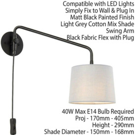Adjustable Swing Arm Wall Light Matt Black & Grey Fabric Shade Mains Plug in - thumbnail 2