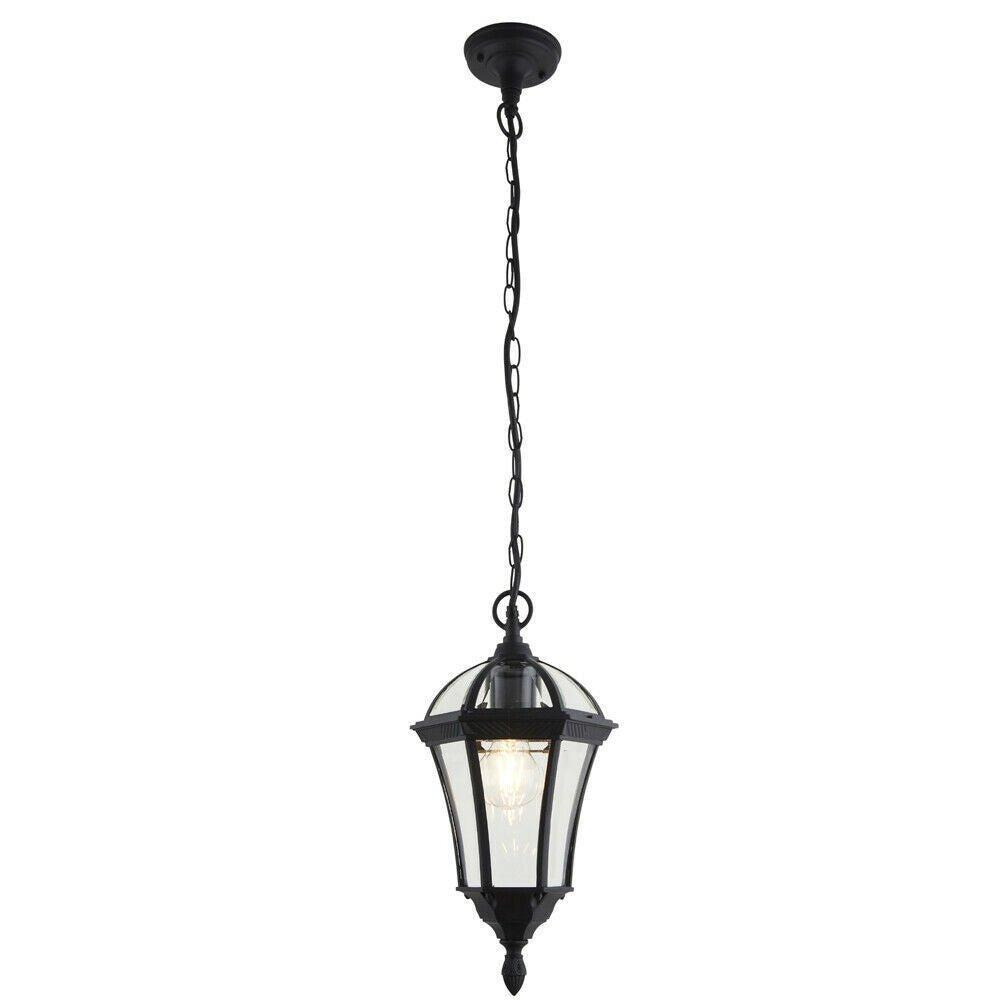IP44 Outdoor Hanging Pendant Porch Light Traditional Black & Glass Lantern Lamp - image 1