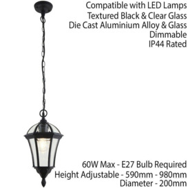 IP44 Outdoor Hanging Pendant Porch Light Traditional Black & Glass Lantern Lamp - thumbnail 2