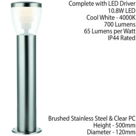 500mm Outdoor LED Lamp Post Bollard Round Brushed Steel 10W Cool White Light - thumbnail 2