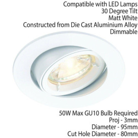 TILTING Round Recess Ceiling Down Light White 95mm Flush GU10 Lamp Fitting - thumbnail 2