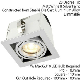 Single Square Adjustable Head Ceiling Spotlight Silver GU10 7W Box Downlight - thumbnail 2