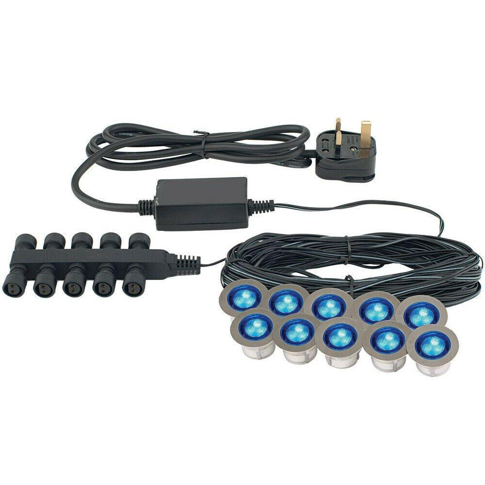 IP67 Decking Plinth Light Kit 10x 0.45W Blue Round Garden Lamps Outdoor Rated - image 1