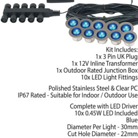 IP67 Decking Plinth Light Kit 10x 0.45W Blue Round Garden Lamps Outdoor Rated - thumbnail 2