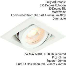 Single Square Adjustable Head Ceiling Spotlight White GU10 50W Box Downlight - thumbnail 2