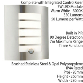 IP44 Outdoor Wall Light PIR Motion Sensor Brushed Steel & Diffuser 7W Warm White - thumbnail 2