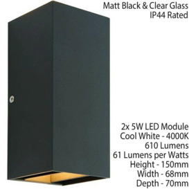 IP44 Outdoor Up & Down Wall Light Matt Black Porch Box Lantern 5W Cool White LED - thumbnail 2
