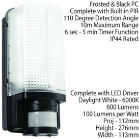 BLACK IP44 Outdoor Wall Bulkhead Light & 10m PIR Motion Sensor 6W Daylight LED - thumbnail 2