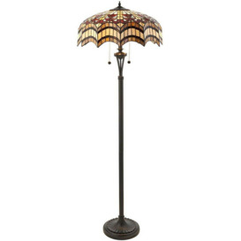 1.5m Tiffany Twin Floor Lamp Dark Bronze & Opulent Stained Glass Shade i00028