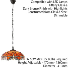 Tiffany Glass Hanging Ceiling Pendant Light Orange Dragonfly 3 Lamp Shade i00112 - thumbnail 2