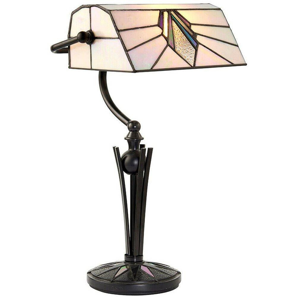 Tiffany Glass Table Lamp Bankers Desk Light Dark Bronze & Cream Shade i00172 - image 1
