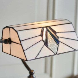 Tiffany Glass Table Lamp Bankers Desk Light Dark Bronze & Cream Shade i00172 - thumbnail 3