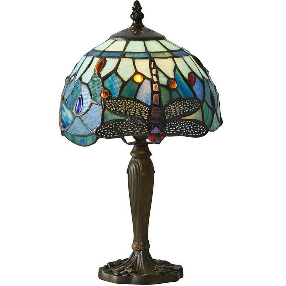 Tiffany Glass Table Lamp Light Dark Bronze Base & Blue Dragonfly Shade i00191 - image 1