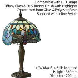 Tiffany Glass Table Lamp Light Dark Bronze Base & Blue Dragonfly Shade i00191 - thumbnail 2