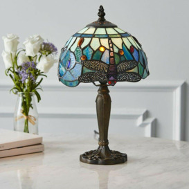 Tiffany Glass Table Lamp Light Dark Bronze Base & Blue Dragonfly Shade i00191 - thumbnail 3
