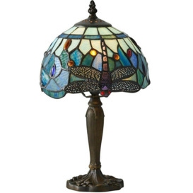 Tiffany Glass Table Lamp Light Dark Bronze Base & Blue Dragonfly Shade i00191 - thumbnail 1