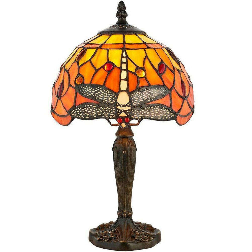 Tiffany Glass Table Lamp Light Dark Bronze Base & Orange Dragonfly Shade i00195 - image 1