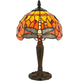 Tiffany Glass Table Lamp Light Dark Bronze Base & Orange Dragonfly Shade i00195 - thumbnail 1