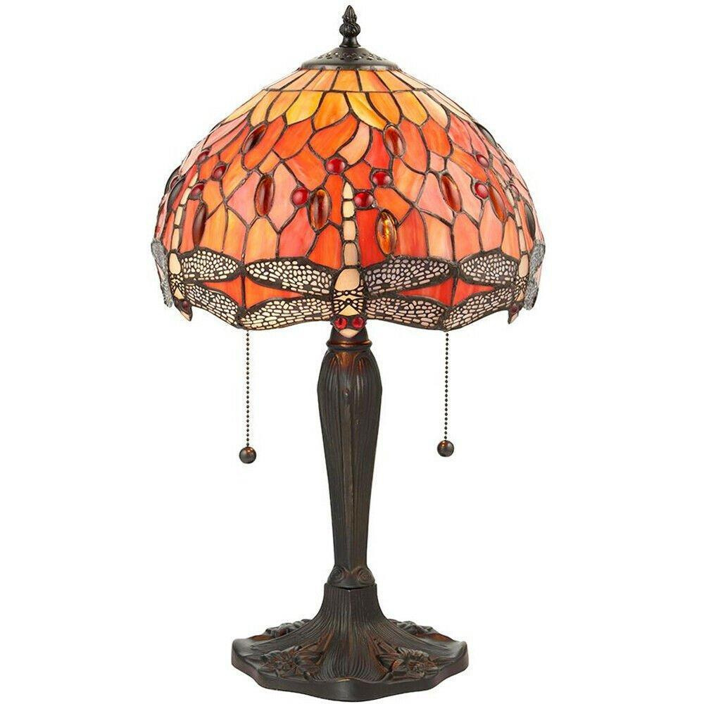 Tiffany Glass Table Lamp Light Dark Bronze Base & Orange Dragonfly Shade i00196 - image 1