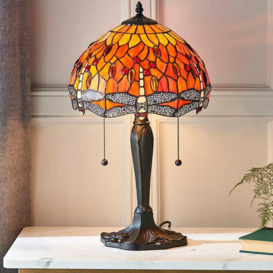 Tiffany Glass Table Lamp Light Dark Bronze Base & Orange Dragonfly Shade i00196 - thumbnail 3