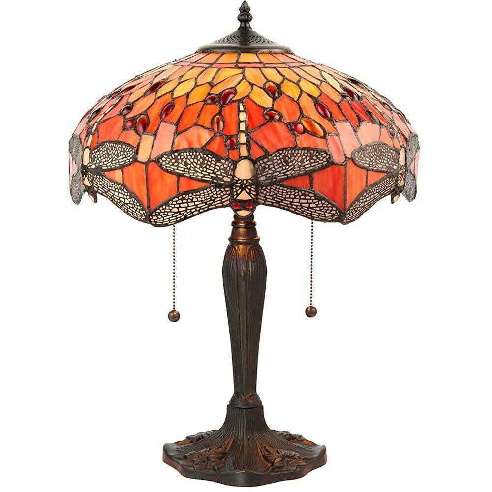 Tiffany Glass Table Lamp Light Dark Bronze Base & Orange Dragonfly Shade i00197 - image 1