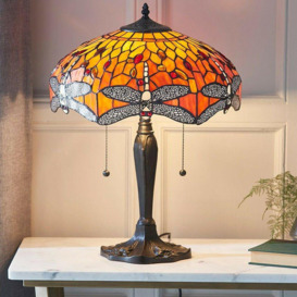 Tiffany Glass Table Lamp Light Dark Bronze Base & Orange Dragonfly Shade i00197 - thumbnail 2