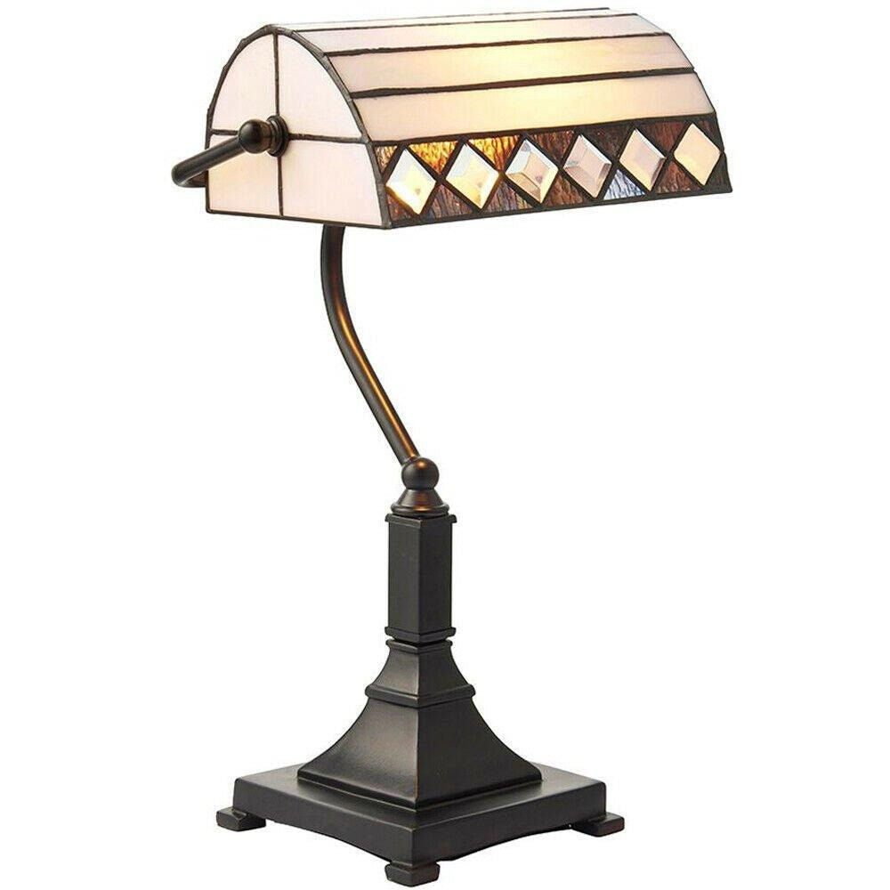 Tiffany Glass Table Lamp Bankers Desk Light Dark Bronze & Cream Shade i00200 - image 1