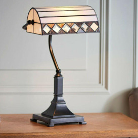 Tiffany Glass Table Lamp Bankers Desk Light Dark Bronze & Cream Shade i00200 - thumbnail 3