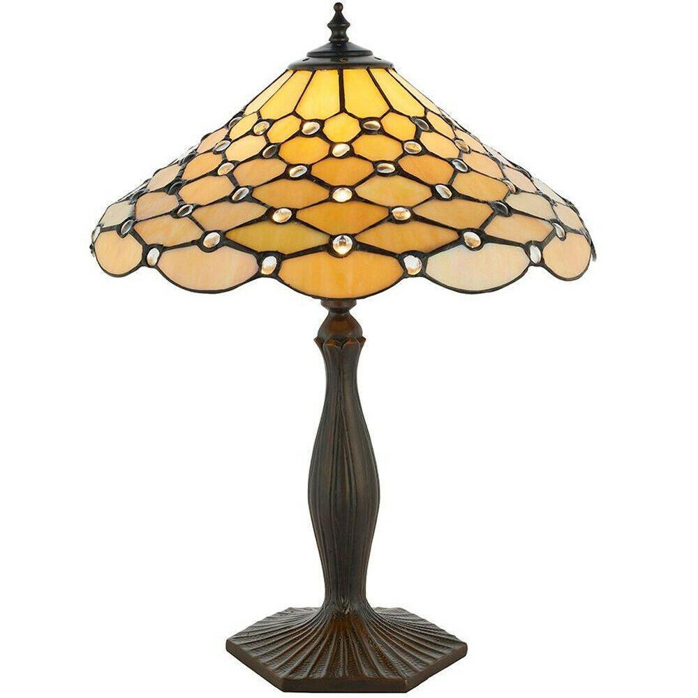 Tiffany Glass Table Lamp Light Dark Bronze & Rich Cream Geometric Shade i00226 - image 1