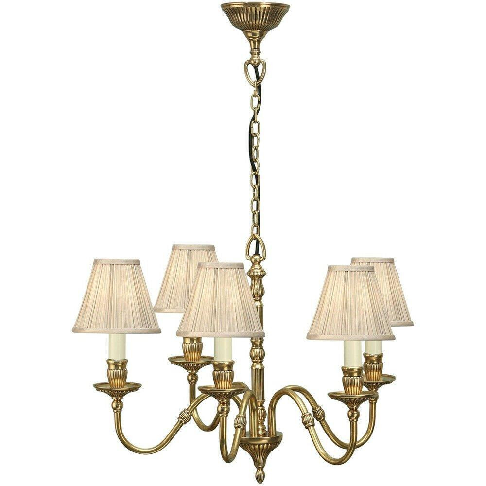 Opulent Hanging Ceiling Pendant Light Solid Brass Beige Shades 5 Lamp Chandelier - image 1