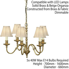 Opulent Hanging Ceiling Pendant Light Solid Brass Beige Shades 5 Lamp Chandelier - thumbnail 2